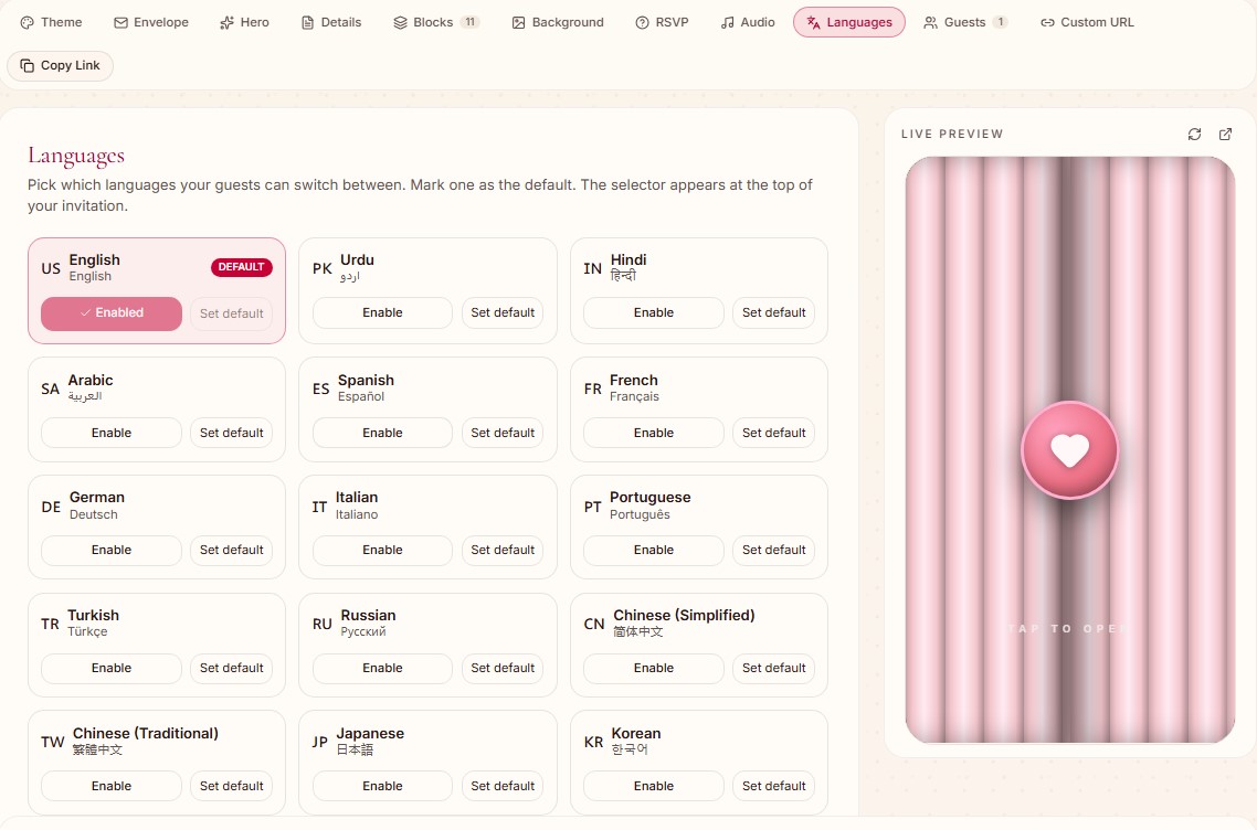 Languages dashboard section preview