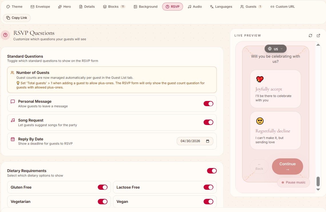 RSVP dashboard section preview